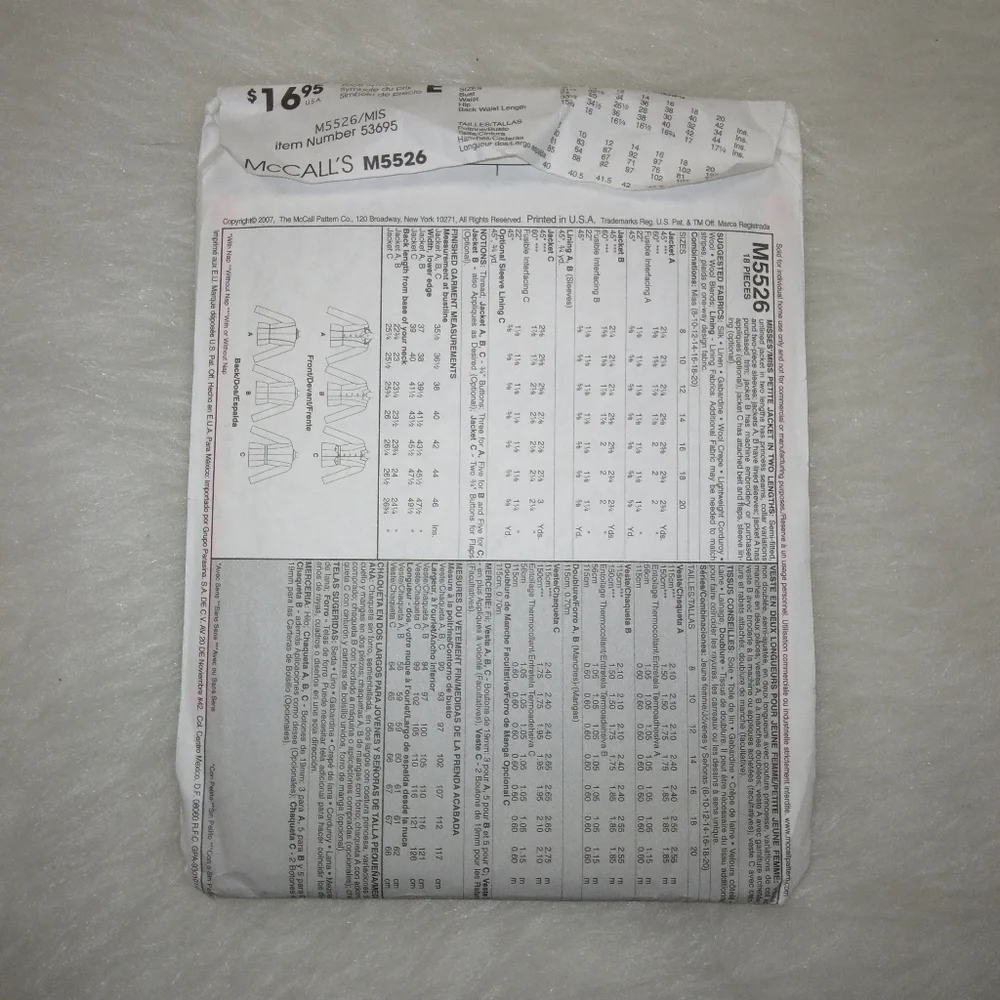 McCall's M5526 Sz 8-20 Misses semifitted unlined jacket in 2 length Nancy Zieman